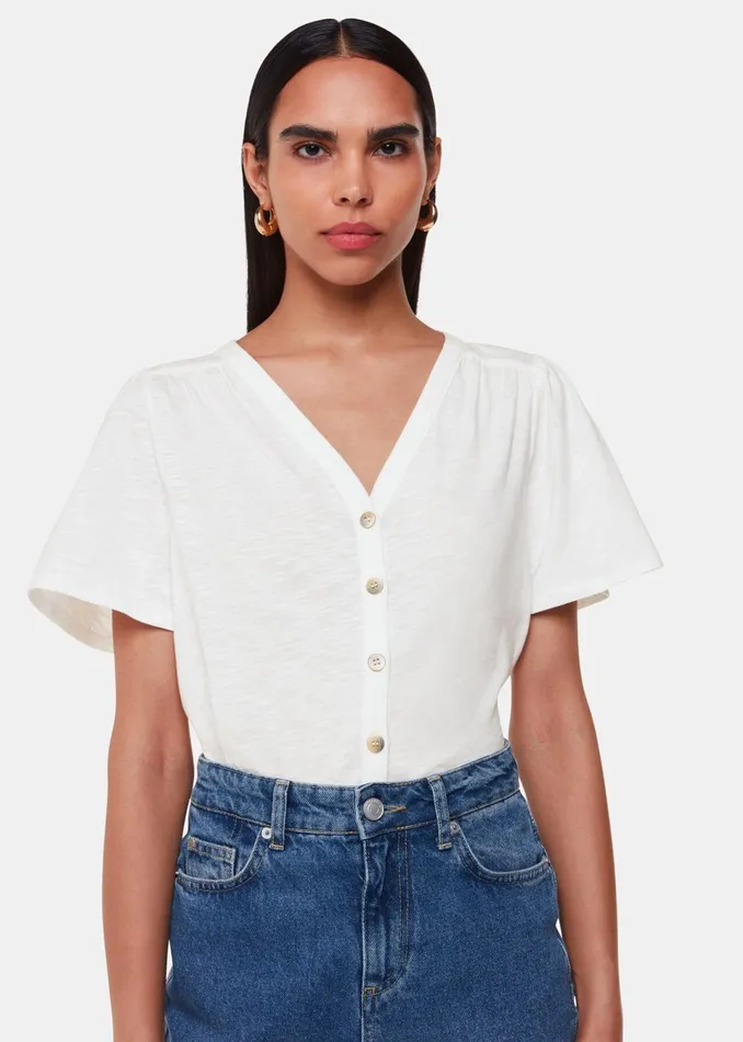 Women TShirts Whistles White Maeve V Neck Button Front Tee
