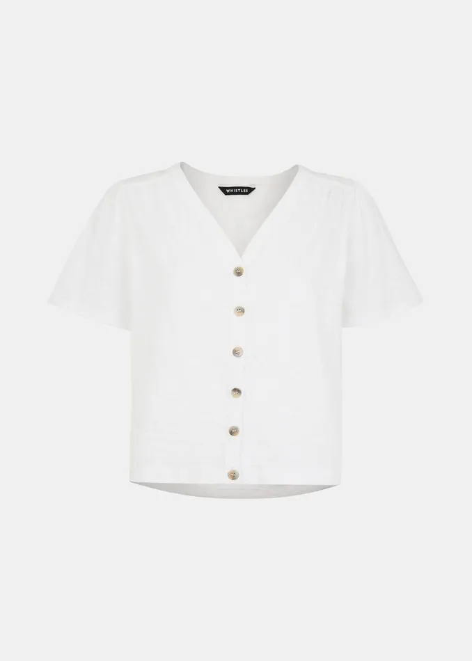 Women TShirts Whistles White Maeve V Neck Button Front Tee