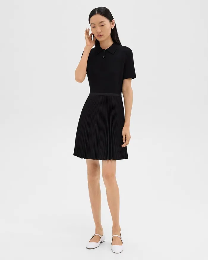 Women Theory Dresses Pleated Combo Polo Dress In Stretch WoolBlend Black