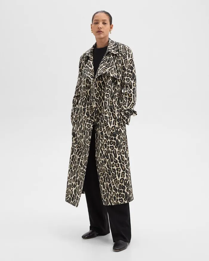 Women Theory Outerwear Relaxed Trench Coat In Stretch Leopard Wool Beige Multi