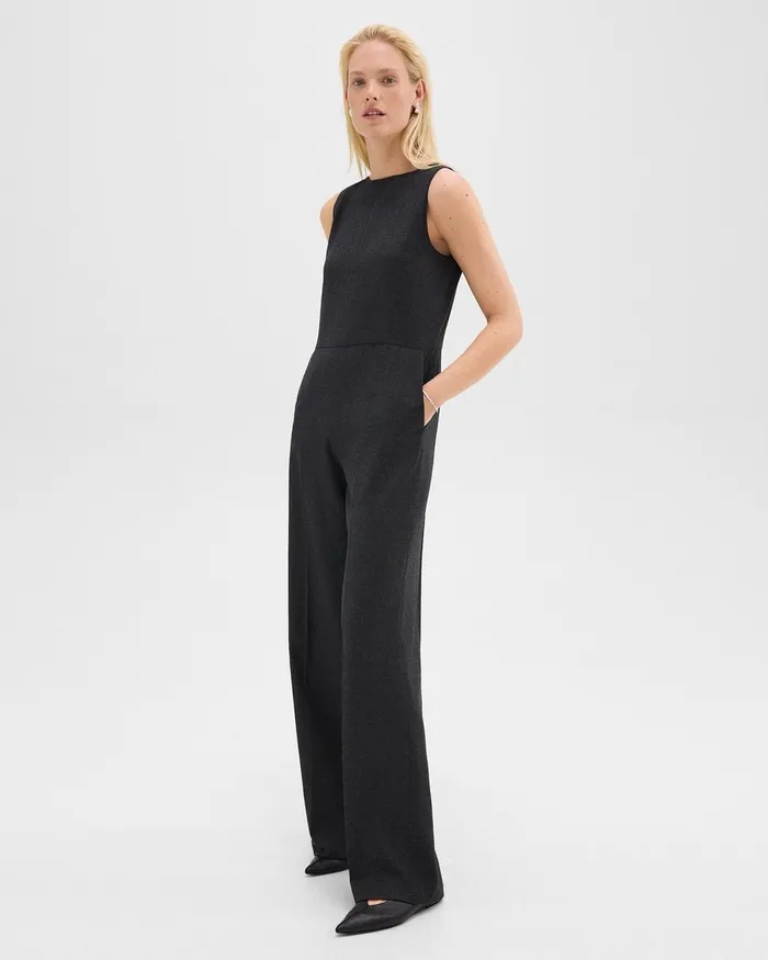 Women Theory Pants Relaxed Sleeveless Jumpsuit In Stretch Flannel Charcoal Melange