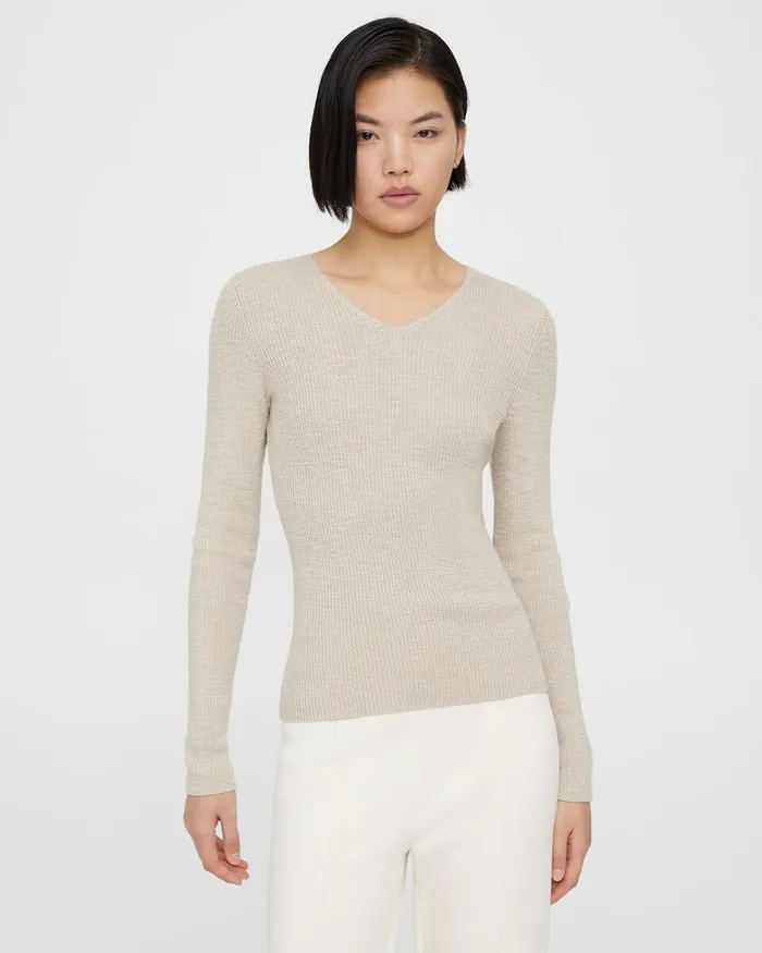 Women Theory Sweaters Cardigans Rib Knit VNeck Sweater In Slub Cotton Blend Parchment