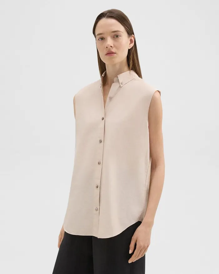 Women Theory Tops Sleeveless Shirt In CottonBlend Soft Gold