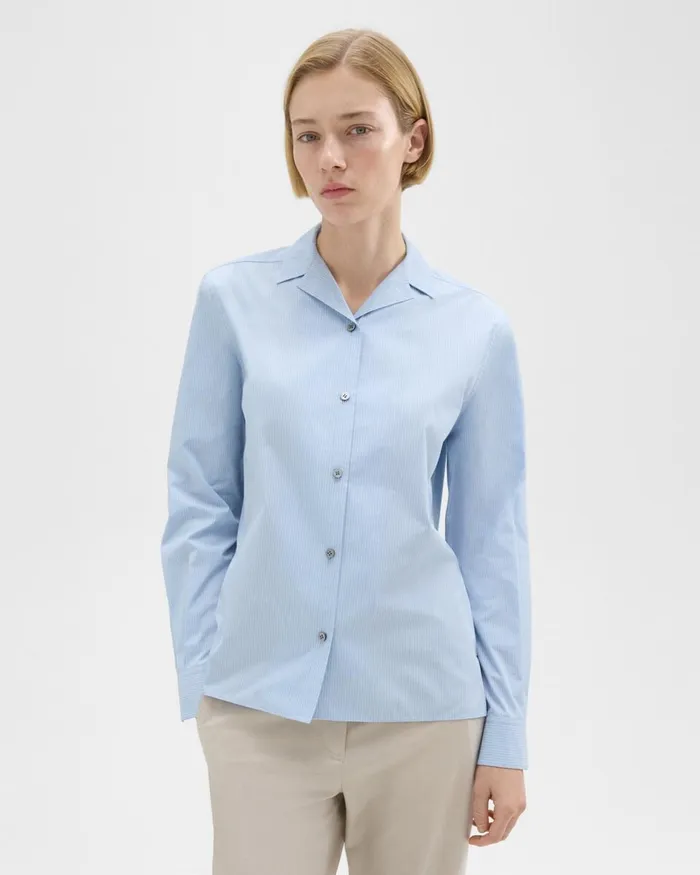 Women Theory Tops Striped CottonBlend Shirt Light Blue Multi