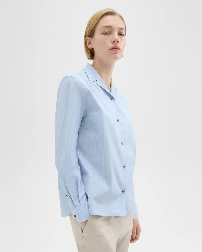 Women Theory Tops Striped CottonBlend Shirt Light Blue Multi