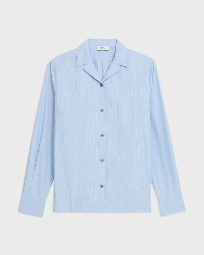 Women Theory Tops Striped CottonBlend Shirt Light Blue Multi