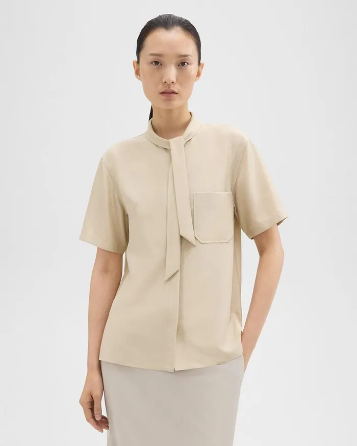 Women Theory Tops Tie Neck Silk Shirt Champagne