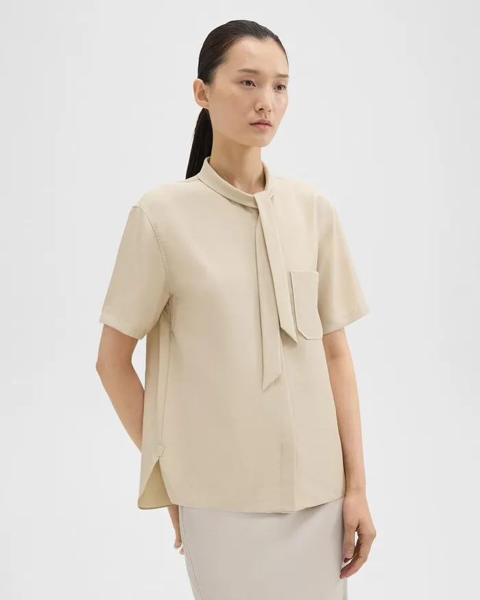 Women Theory Tops Tie Neck Silk Shirt Champagne