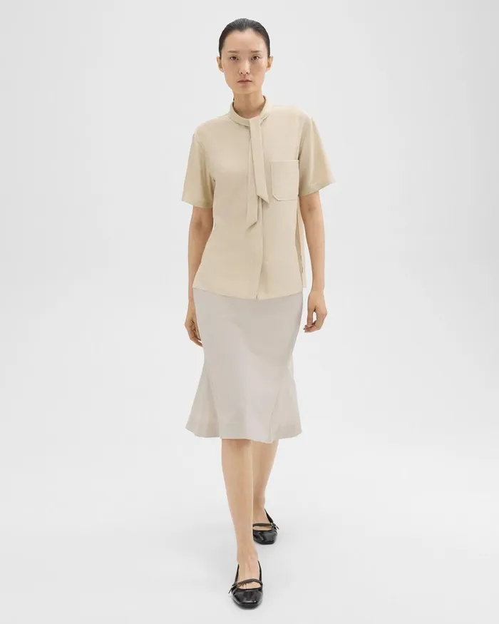 Women Theory Tops Tie Neck Silk Shirt Champagne