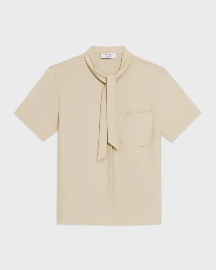 Women Theory Tops Tie Neck Silk Shirt Champagne