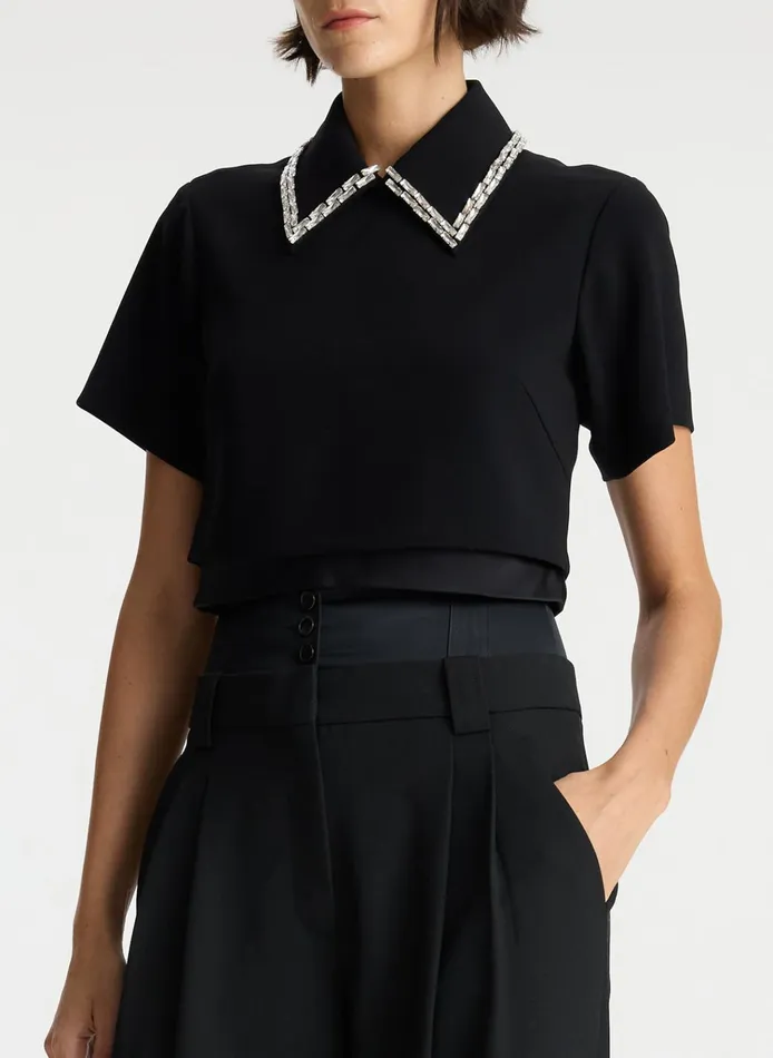 Women Tops ALC Lark Embellished Satin Contrast Top Black