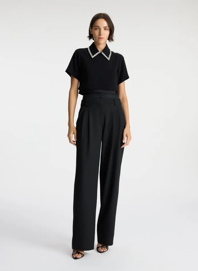Women Tops ALC Lark Embellished Satin Contrast Top Black