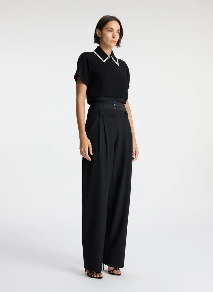 Women Tops ALC Lark Embellished Satin Contrast Top Black