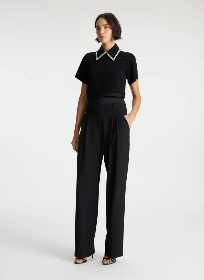 Women Tops ALC Lark Embellished Satin Contrast Top Black
