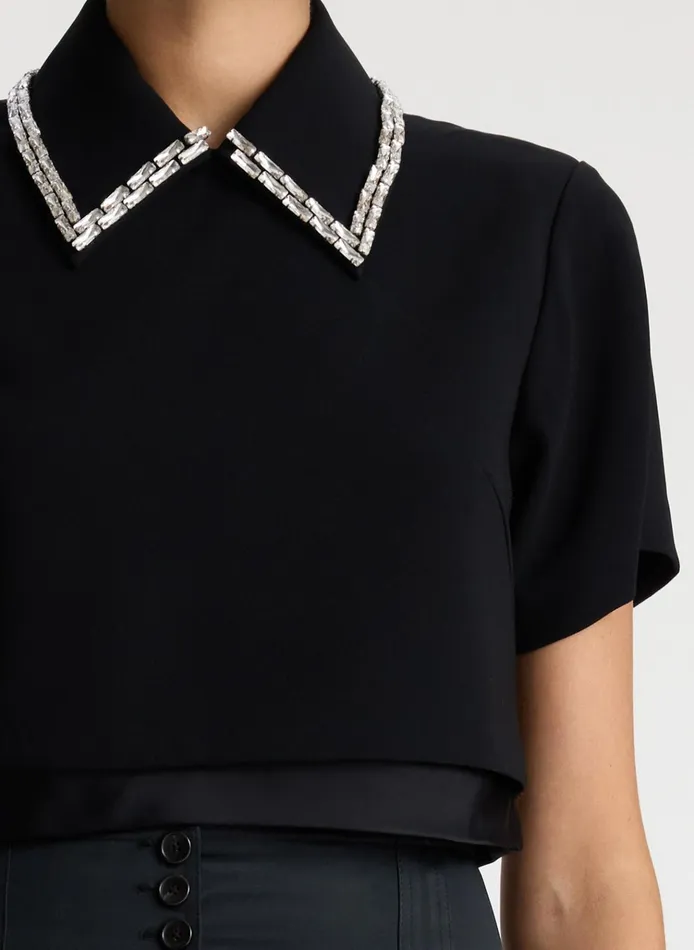 Women Tops ALC Lark Embellished Satin Contrast Top Black