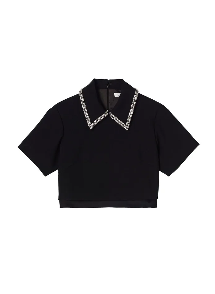 Women Tops ALC Lark Embellished Satin Contrast Top Black