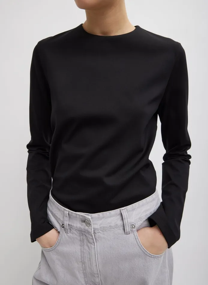 Women Tops Tibi Compact Ultra Stretch Knit Long Sleeve Slim Top Black