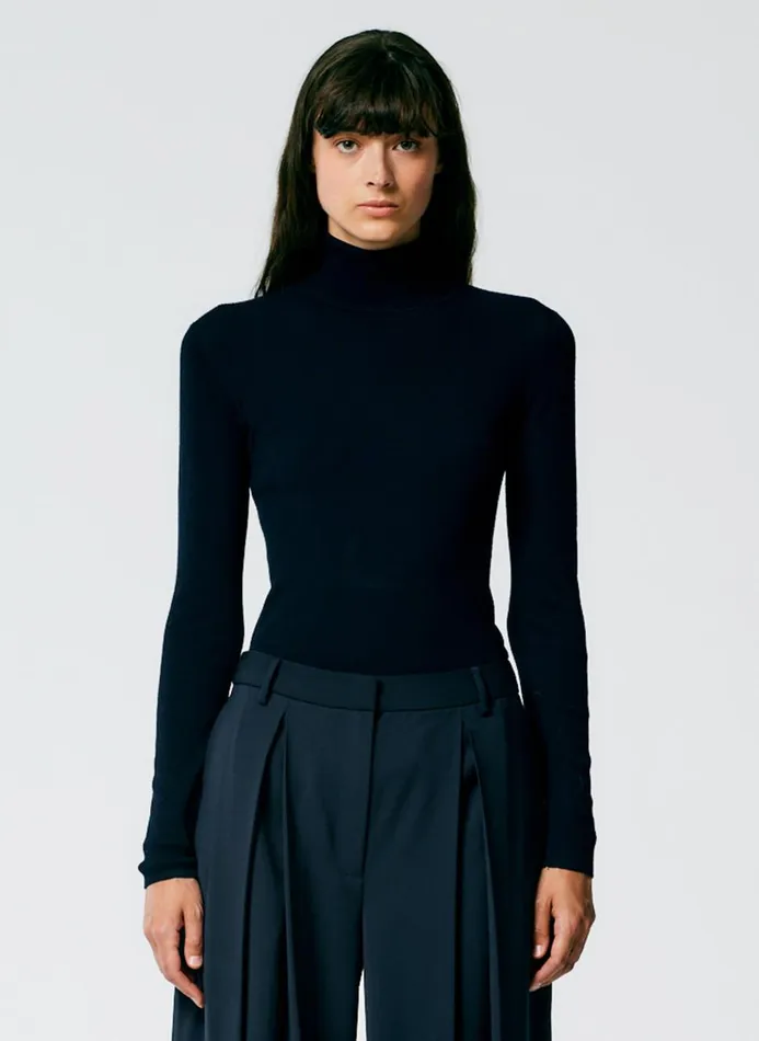 Women Tops Tibi Featherweight Ribbed Sweater Turtleneck Pullover Navy