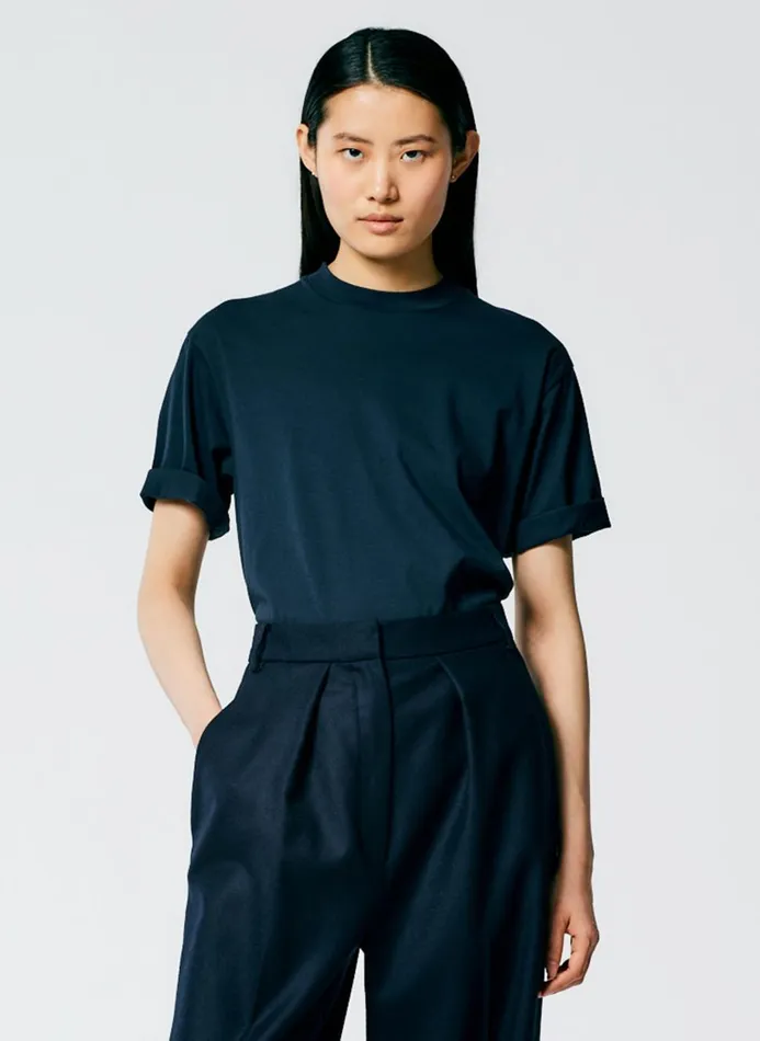 Women Tops Tibi Mock Neck Unisex TShirt Navy