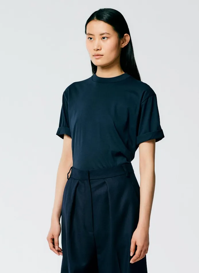 Women Tops Tibi Mock Neck Unisex TShirt Navy