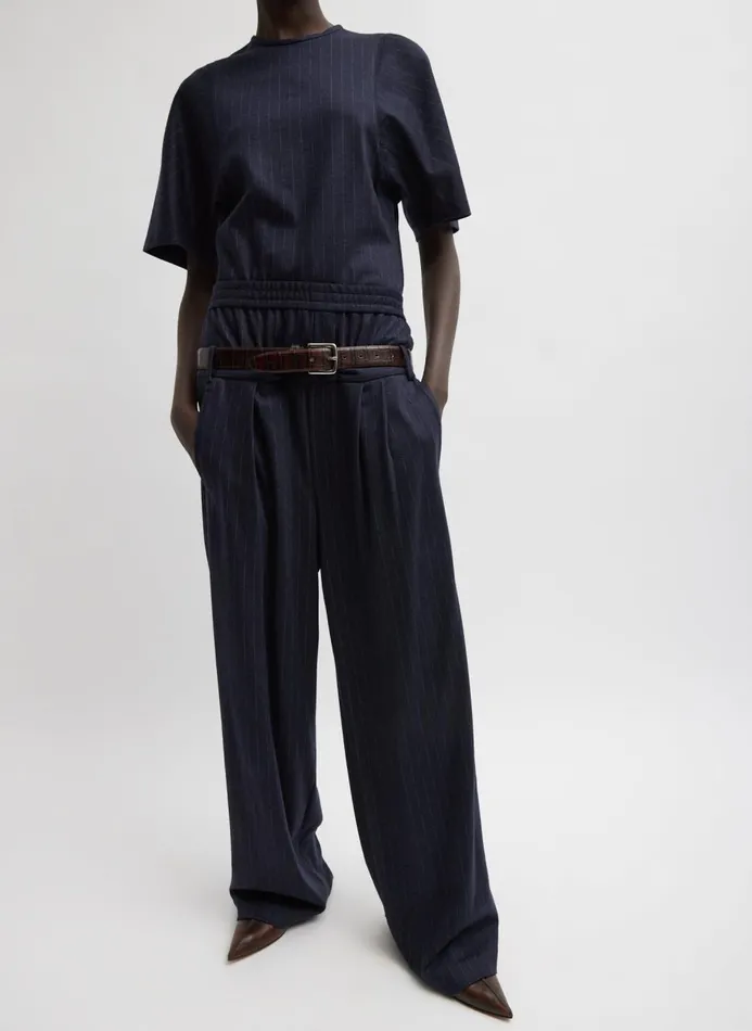 Women Tops Tibi Newton Stripe Sculpted Shrunken TShirt Navy Melange