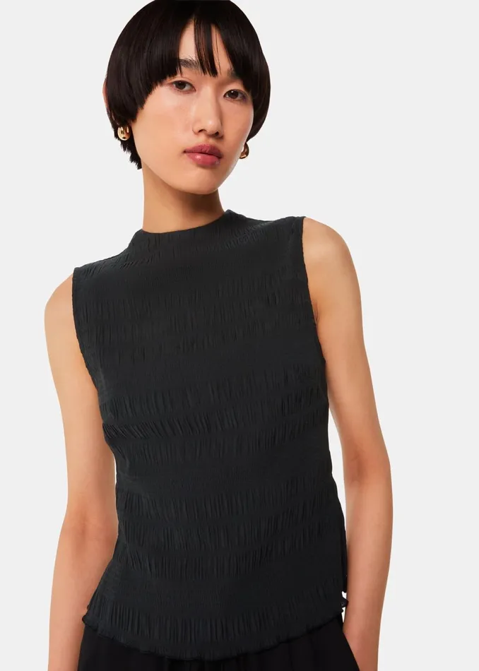Women Tops Whistles Black Plisse Sleeveless Top