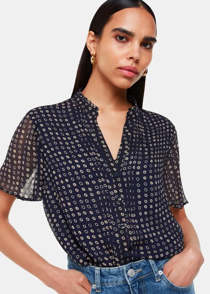 Women Tops Whistles Navy Spotted Hoop Frill Blouse