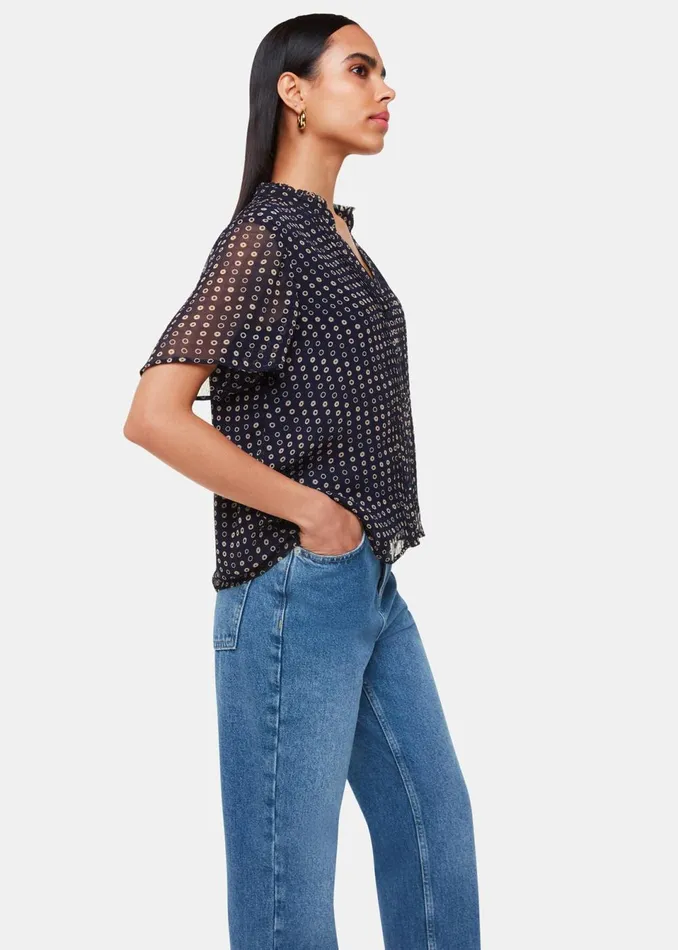 Women Tops Whistles Navy Spotted Hoop Frill Blouse