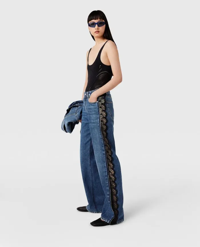 Women Trousers And Shorts Stella McCartney Lace HighRise Straight Leg Jeans Vintage Wash Blue Denim