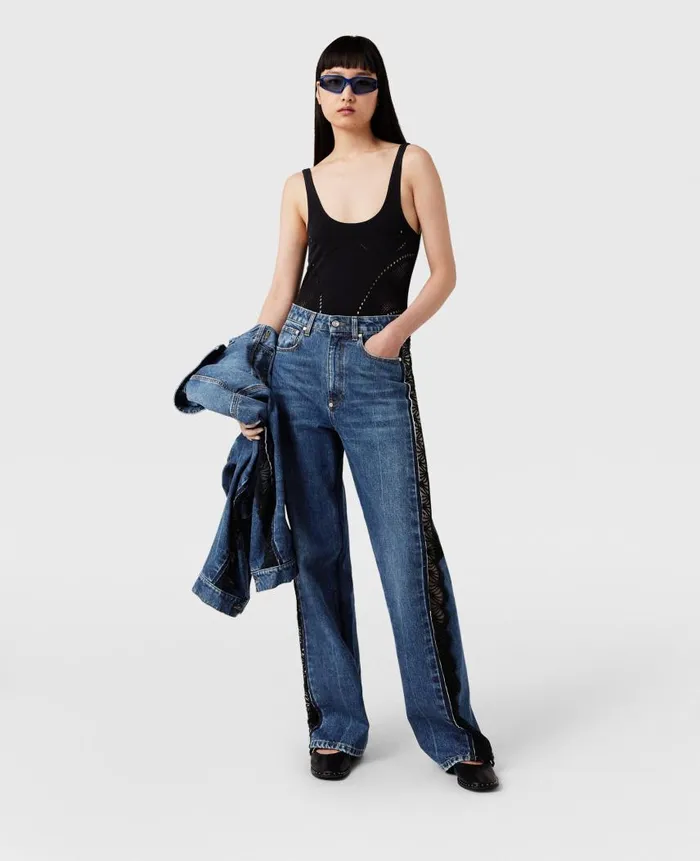 Women Trousers And Shorts Stella McCartney Lace HighRise Straight Leg Jeans Vintage Wash Blue Denim