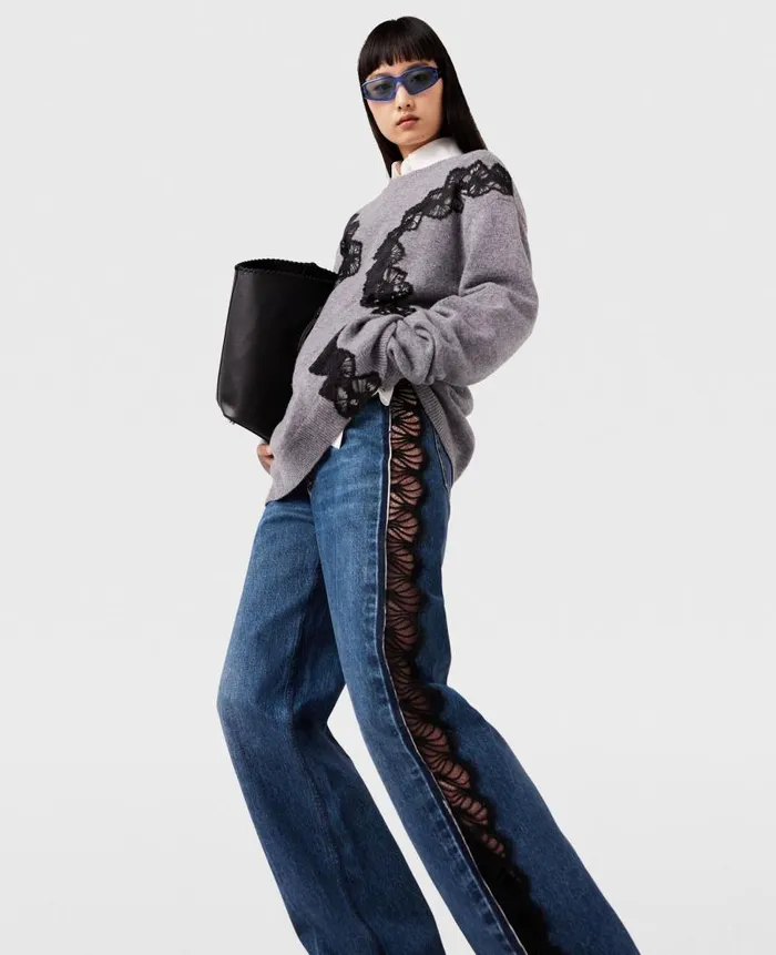 Women Trousers And Shorts Stella McCartney Lace HighRise Straight Leg Jeans Vintage Wash Blue Denim