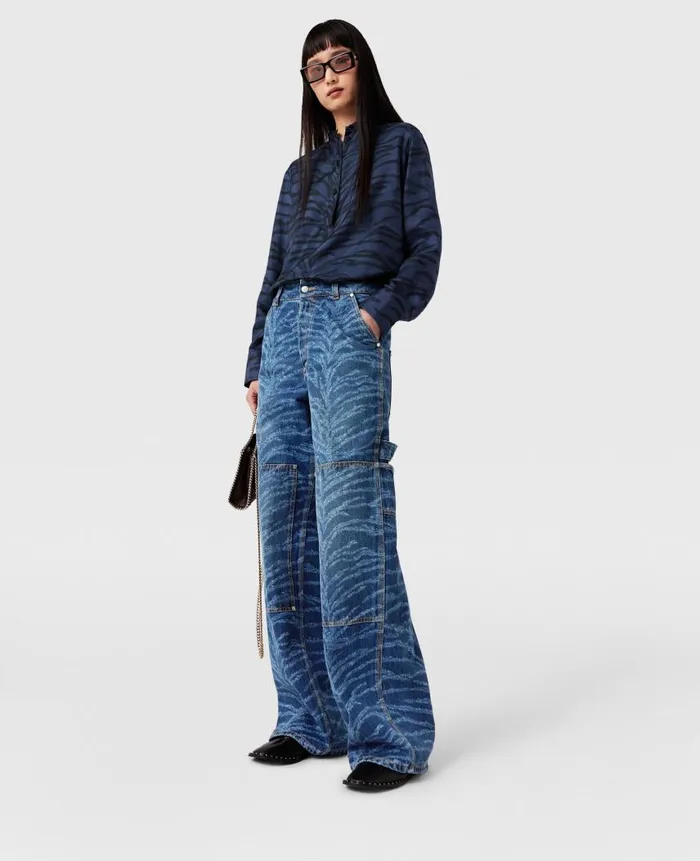 Women Trousers And Shorts Stella McCartney Tiger Pattern HighRise Straight Leg Cargo Jeans Vintage Wash Blue Denim