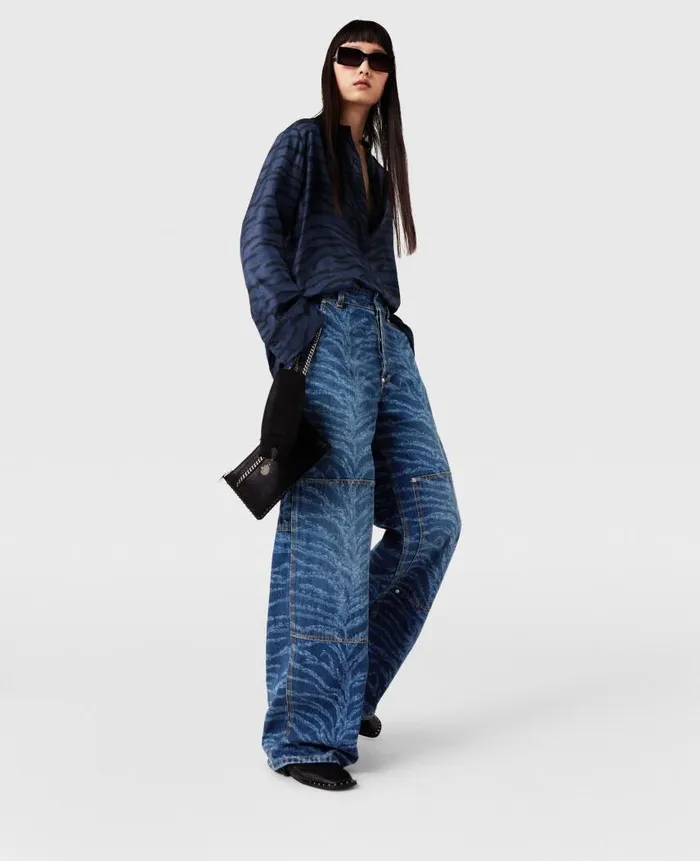 Women Trousers And Shorts Stella McCartney Tiger Pattern HighRise Straight Leg Cargo Jeans Vintage Wash Blue Denim