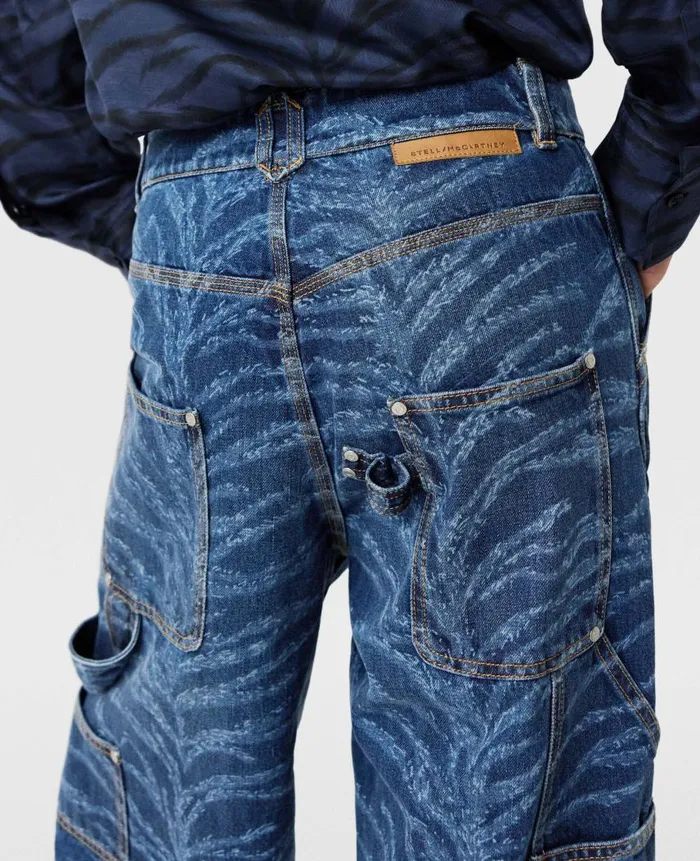 Women Trousers And Shorts Stella McCartney Tiger Pattern HighRise Straight Leg Cargo Jeans Vintage Wash Blue Denim