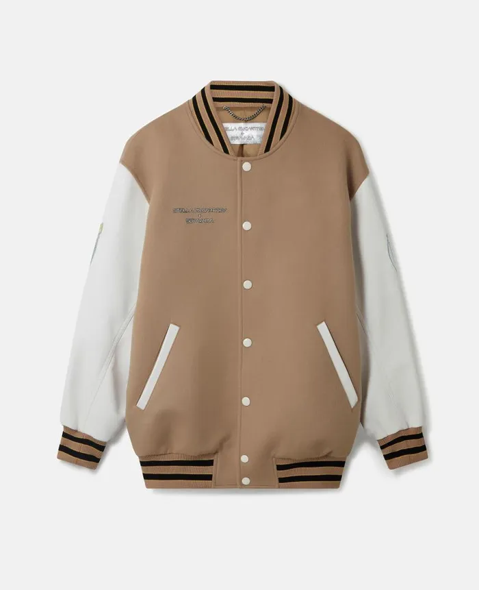 WomenUnisex Coats And Jackets Stella McCartney Vitruvian Woman Graphic Wool Varsity Jacket Camel WomenUnisex Coats And Jackets Stella McCartney Vitruvian Woman Graphic Wool Varsity Jacket Camel