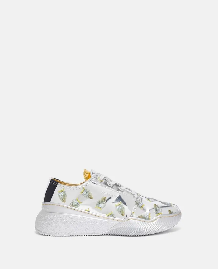 WomenUnisex Sneakers Stella McCartney Loop StrawberryPrint Metallic LowTop Trainers Silver Gold
