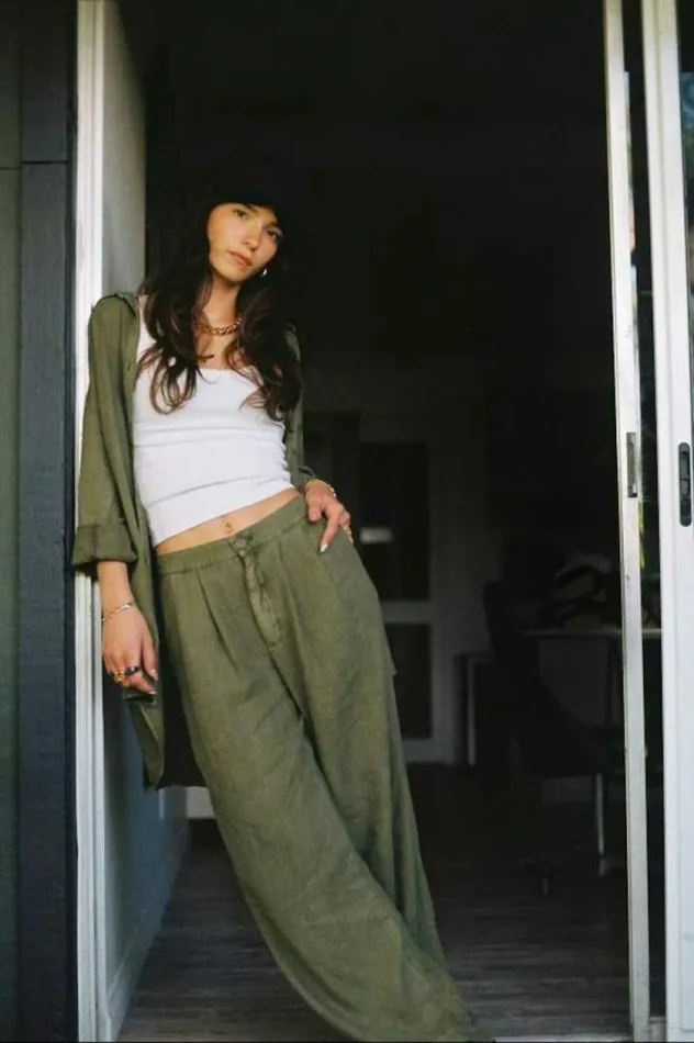 Women Vintage Linen Blend Wide Leg Pant Sea Kelp Brixton Pants