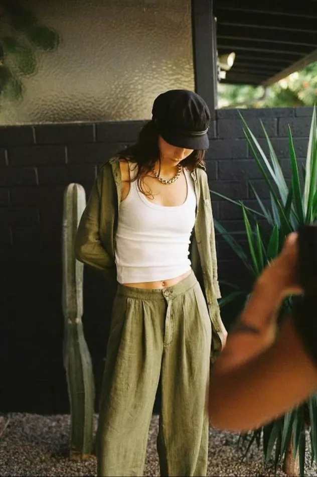 Women Vintage Linen Blend Wide Leg Pant Sea Kelp Brixton Pants