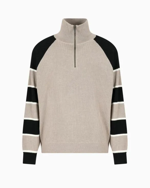 Zipup Sweater With Striped Sleeves Navyblue Men Armani Knitwear