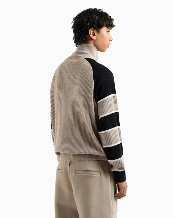 Zipup Sweater With Striped Sleeves Navyblue Men Armani Knitwear Zipup Sweater With Striped Sleeves Navyblue Men Armani Knitwear