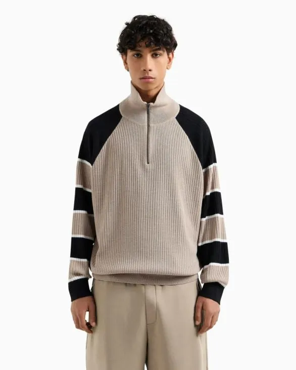 Zipup Sweater With Striped Sleeves Navyblue Men Armani Knitwear Zipup Sweater With Striped Sleeves Navyblue Men Armani Knitwear